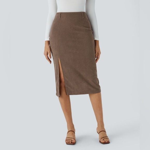 HALARA Dresses & Skirts - Halara High Waisted Hem Midi Corduroy Casual Skirt NEW Size XL Cocoa Brown